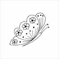 Hand-drawn butterfly doodle element for coloring, invitation, postcard. Black and white vector image