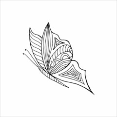 Hand-drawn butterfly doodle element for coloring, invitation, postcard. Black and white vector image
