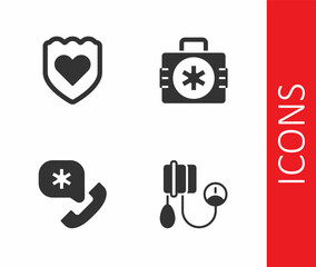 Set Blood pressure, Immune system, Emergency call 911 and First aid kit icon. Vector