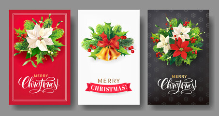 Christmas greeting cards with bells and floral decoration. Vector set.
