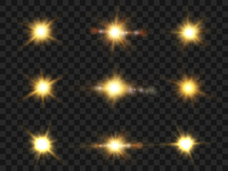 Realistic collection of bright light effects, sparkling stars on transparent background for vector illustrations.