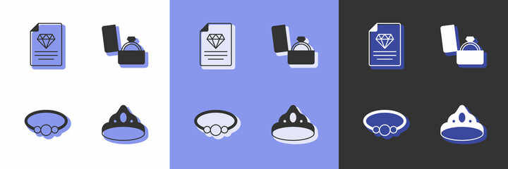 Set King crown, Certificate of the diamond, Bracelet jewelry and Diamond engagement ring box icon. Vector