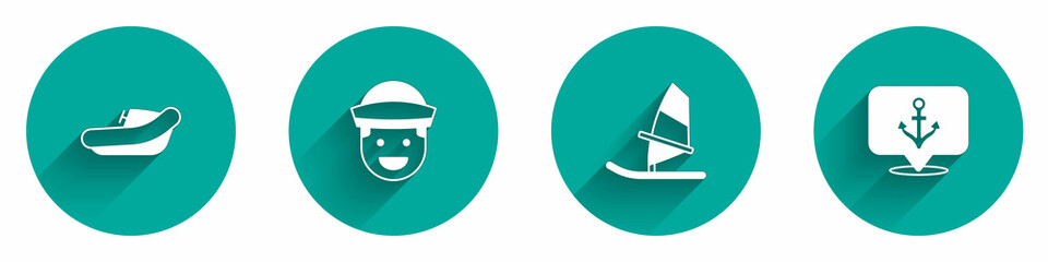 Set Inflatable boat with motor, Sailor, Windsurfing and Anchor icon with long shadow. Vector