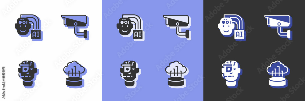 Poster set network cloud connection, humanoid robot, smart glasses spectacles and security camera icon. vec
