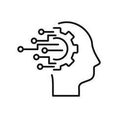 Engineer mind thin line icon. Gear, head, AI, neural circuit isolated outline sign. Artificial intelligence concept.