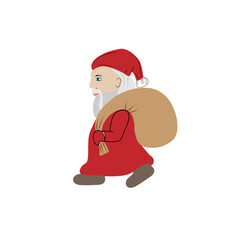 Santa claus character for New Year and Christmas. Flat vector illustration. The festive gnome carries gifts in a bag behind his back. Funny cute design for cards, stickers, labels, print, template.