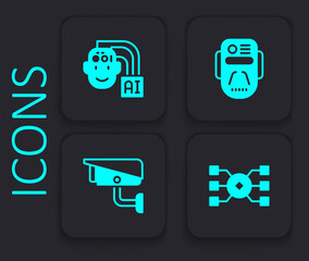 Set Neural network, Humanoid robot, Artificial intelligence and Security camera icon. Black square button. Vector