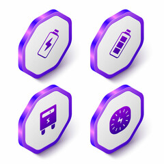 Set Isometric Battery charge, Electric meter and Lightning bolt icon. Purple hexagon button. Vector