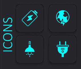 Set Electric plug, Battery charge, Global planet with thunderbolt and Lamp hanging icon. Black square button. Vector
