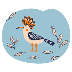 Doodle hoopoe bird with autumn leaves. Perfect for T-shirt, poster, textile and print. Hand drawn vector illustration for decor and design. 
