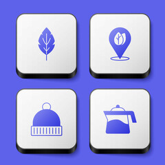 Set Leaf, Location with leaf, Winter hat and Teapot icon. White square button. Vector