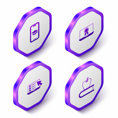 Set Isometric Graduation cap on mobile, Online education with diploma, quiz, test, survey and Book apple icon. Purple hexagon button. Vector
