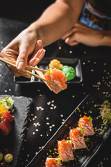 Perfect Sushi Japanese Asian Seafood Food Dish Menu Gourmet Restaurant Chef on Dark Background