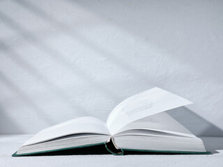 Open book on a gray shelf