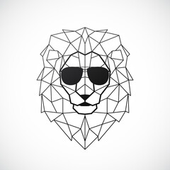 Geometric lion wearing red sunglasses. Vector image of hipster lion. Polygonal Wild animal. Stock vector illustration.