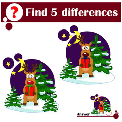 Educational game for children. Find 5 differences. Cute deer in the winter forest