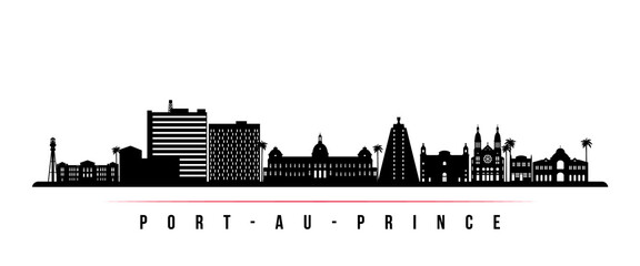 Obraz premium Port-au-Prince skyline horizontal banner. Black and white silhouette of Port-au-Prince, Haiti. Vector template for your design.