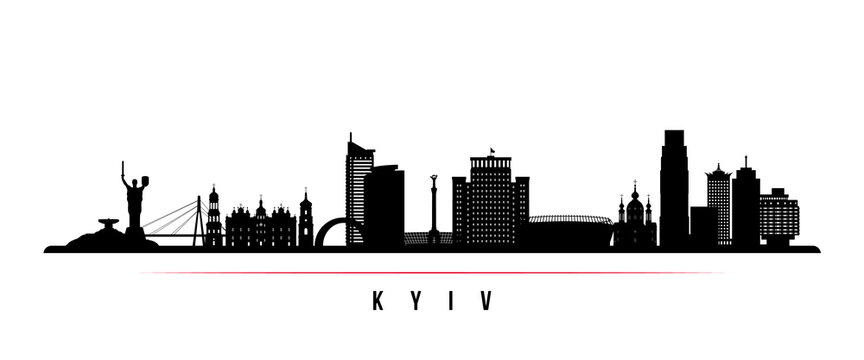 Kyiv skyline horizontal banner. Black and white silhouette of Kyiv, Ukraine. Vector template for your design.