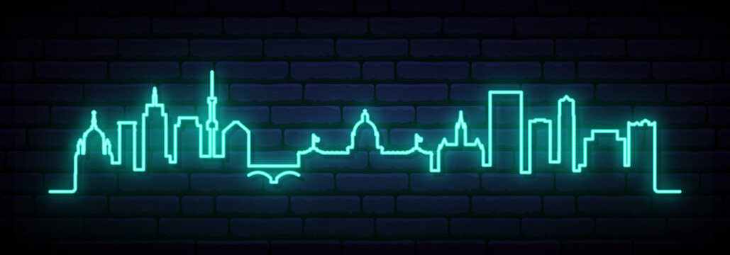 Blue neon skyline of Saint Paul. Bright Saint Paul City long banner. Vector illustration.