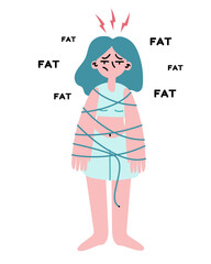 The girl measures her body with a tape and suffers from anorexia. A thin girl considers herself fat and ugly. Flat vector illustration.