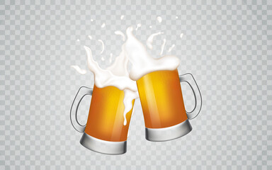 Cold drink with white foam on a checkered background.Glass mugs beer.Glass mugs beer. - obrazy, fototapety, plakaty