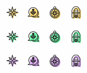 Set line Compass, Wind rose, Anchor and Inflatable boat with motor icon. Vector