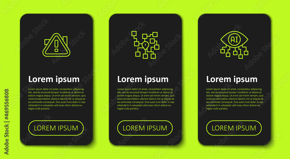 Poster set line exclamation mark in triangle, neural network and computer vision. business infographic temp