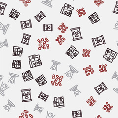 Set line Futuristic sliding doors, Radioactive waste barrel, Hologram and Medical pill biohacking on seamless pattern. Vector