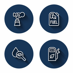 Set line CO2 emissions in cloud, Bio fuel canister, Drop and magnifying glass and Petrol or gas station with long shadow. Blue circle button. Vector