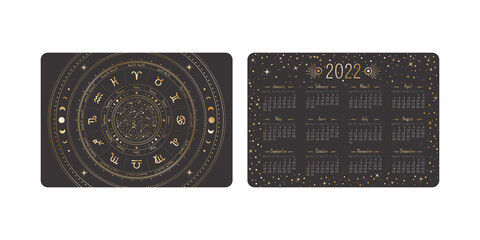 Vector horizontal tarot pocket year 2022 calendar with ornate golden zodiac circle, horoscope symbols and linear constellations. Two-sided card template with mystic outline illustration in boho style - obrazy, fototapety, plakaty