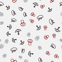 Set line Umbrella, Cloud and lightning, Wheat and Mushroom on seamless pattern. Vector