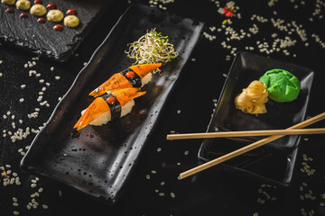 Perfect Sushi Japanese Asian Seafood Food Dish Menu Gourmet Restaurant Chef on Dark Background