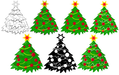 Set of Christmas decorated tree isolated on a white background. Vector illustration.