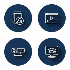 Set line Audio book, Online play video, Web camera and Graduation cap speech bubble with long shadow. Blue circle button. Vector