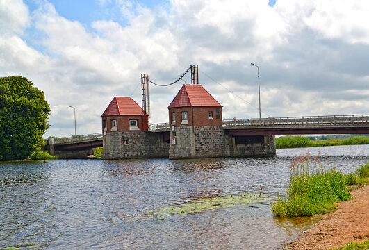 View of the Eagle Drawbridge over the Deima River. Polessk, Kaliningrad region