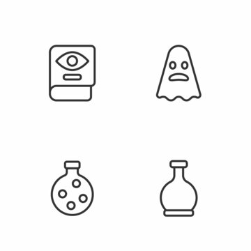 Set line Bottle with potion, Ancient magic book and Ghost icon. Vector