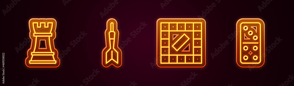 Poster set line chess, dart arrow, board game and domino. glowing neon icon. vector