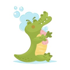 crocodile taking a shower isolated on white background