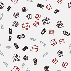 Set line Wooden log, logs, Hand saw and Toolbox on seamless pattern. Vector