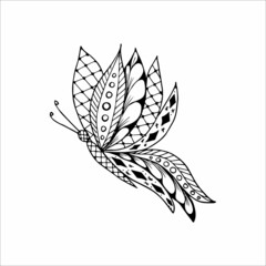 Hand-drawn butterfly doodle element for coloring, invitation, postcard. Black and white vector image