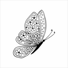 Hand-drawn butterfly doodle element for coloring, invitation, postcard. Black and white vector image
