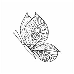 Hand-drawn butterfly doodle element for coloring, invitation, postcard. Black and white vector image