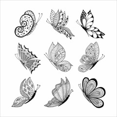 Set of hand-drawn butterfly doodle elements for coloring, invitation, postcard. Black and white vector image