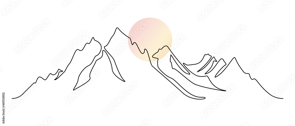 Fototapete One continuous line drawing of mountain range landscape with color sun. Abstract hills and skyline in scandinavian simple linear style. Modern panoramic sketch. Doodle vector illustration