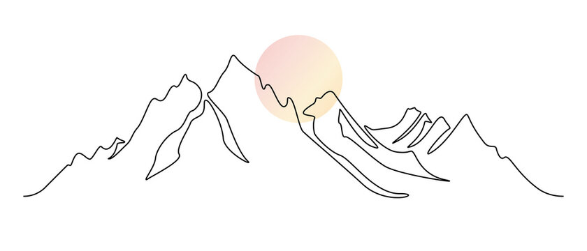 One continuous line drawing of mountain range landscape with color sun. Abstract hills and skyline in scandinavian simple linear style. Modern panoramic sketch. Doodle vector illustration