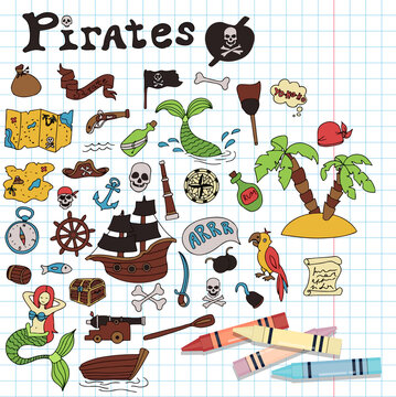Vector doodle pirate set. A map with a hand-drawn sketch of a mermaid ship and pirate items. Template for children s postcards. Map of treasure island.
