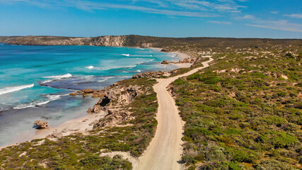 Fototapeta na wymiar Pennington Bay is a wonderful beach in Kangaroo Island, South Australia. Aerial view from drone