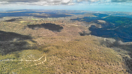 Adelaide countryside aerial panorama from Mount Lofty Conservation Park, Australia from drone
