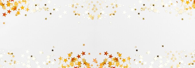 Gold stars glitter banner frame on white background, selective focus, copy space