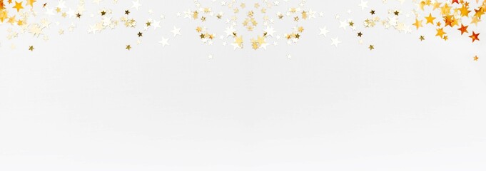 Gold stars glitter banner border on white background, selective focus, copy space